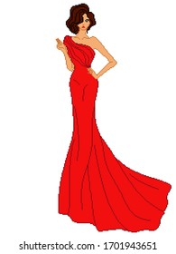 Abstract of charming and beautiful lady in red long dress isolated on the white background, color pixelated illustration, can be used in embroidery