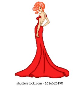 Abstract of charming and sensual lady in red long dress with closed eyes isolated on the white background, color pixelated illustration, can be used in embroidery