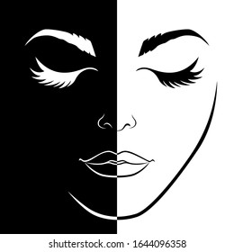 Resumen del rostro de una mujer encantadora con los ojos cerrados divididos en espacios negativos y positivos, expresión conceptual en blanco y negro, ilustración de dibujo a mano