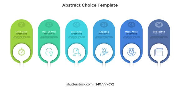 Abstract chart with 6 round paper white elements. Concept of six marketing options or business features to choose. Simple infographic design template. Vector illustration for presentation, web menu.