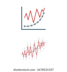 Arte de gráfico abstrato mostrando pontos de dispersão cinza com uma linha oscilante vermelha tocando cada ponto de dados, simbolizando modelos de dados sobreajustados e análise complexa. Ideal para projetos relacionados à tecnologia