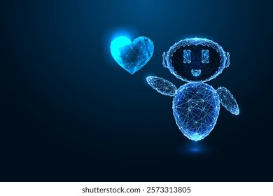 abstract chatbot holding glowing heart on dark blue background. AI-powered connection, kindness, and innovation futuristic digital concept . Glowing low polygonal abstract vector illustration