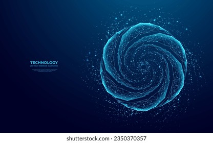 Abstract chatbot icon in futuristic low poly wireframe style. Digital circular rotation in the form of a cooler or turbine blades. Artificial intelligence concepts consist of glowing connected dots.