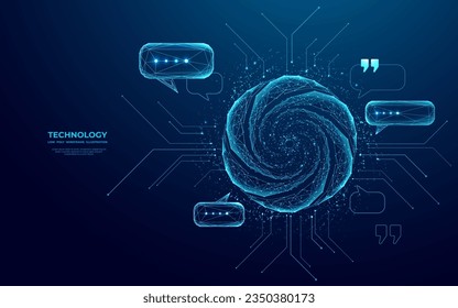 Abstract chatbot icon and talk bubble speech in futuristic low poly wireframe style. Technological banner. Artificial intelligence concept on blue background. Generated text and answers to questions.