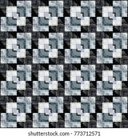 Abstract check geometric vector seamless pattern. Striped lattice tiled squares. Black white grey patchwork background. Patches ornaments with shapes, lines, stripes. Modern grunge texture for fabric