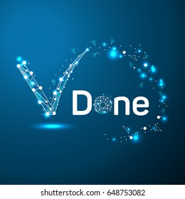 Abstract check mark in the form of a starry sky or space, consisting of points, lines, and shapes in the form of planets, stars and the universe. Vector business wireframe concept.