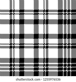 Abstract check pixel plaid seamless pattern black white. Vector illustration.