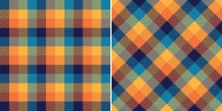 Abstract Check Plaid Pattern For Autumn Winter In Blue, Orange, Yellow. Seamless Colorful Mosaic Gradient Tweed Tartan Set For Scarf, Dress, Skirt, Jacket, Other Modern Fashion Fabric Print.