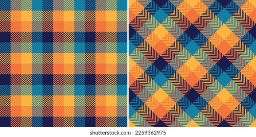 Abstract check plaid pattern for autumn winter in blue  orange  yellow  Seamless colorful mosaic gradient tweed tartan set for scarf  dress  skirt  jacket  other modern fashion fabric print 