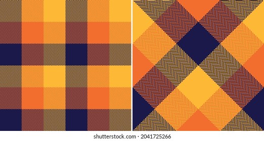 Abstract check plaid pattern in navy blue, orange, yellow. Seamless bright herringbone tartan buffalo check plaid vector for autumn winter scarf, flannel shirt, other modern fashion textile print.