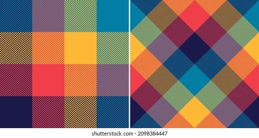 Abstract check plaid pattern in navy blue, red, yellow. Seamless herringbone tartan illustration vector set for scarf, blanket, other modern spring summer autumn winter holiday fabric print.