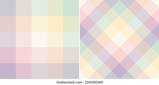 Abstract check plaid pattern in pastel lilac, powder pink, green, yellow. Seamless colorful herringbone tartan vector set for spring summer scarf, blanket, other modern beach holiday fabric print.