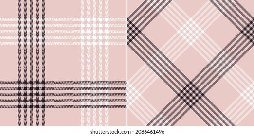 Abstract check plaid pattern for scarf in powder pink, black, white. Seamless herringbone textured light tartan vector for spring autumn winter blanket, throw, other modern fashion textile design.