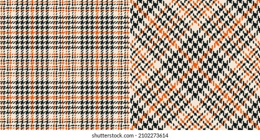 Abstract Check Plaid Pattern Tweed In Black, Orange, Beige For Spring Autumn Winter. Seamless Tartan Vector Illustration Graphic For Scarf, Skirt, Jacket, Trousers, Blanket, Other Textile Design.