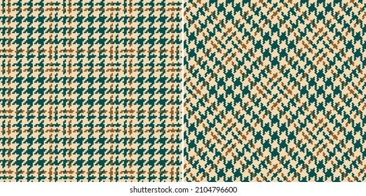 Abstract check plaid pattern tweed in gold brown, green, beige for spring autumn winter. Seamless houndstooth tartan vector set for jacket, skirt, coat, trousers, blanket, other modern fabric print.