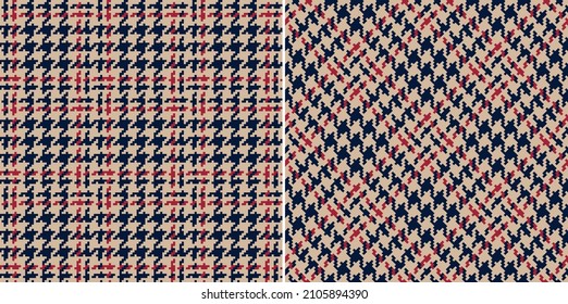 Abstract check plaid pattern tweed in navy blue, red, beige. Seamless houndstooth tartan vector set for spring autumn winter jacket, dress, skirt, coat, trousers, other modern fashion textile print.