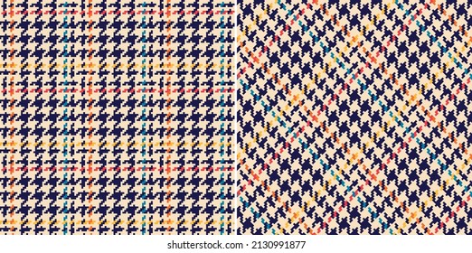 Abstract Check Plaid Pattern Tweed For Dress, Jacket, Coat, Skirt, Scarf. Seamless Small Pixel Textured Multicolored Dog Tooth Tartan Set For Modern Spring Autumn Winter Fashion Textile Design.