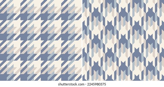 Abstract check plaid pattern tweed in soft cashmere beige, blue, pink for spring autumn winter. Seamless asymmetric houndstooth tartan set for dress, jacket, coat, scarf, other fashion textile design.