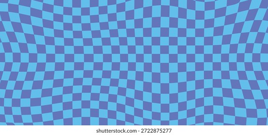 Abstrakter Schachbretthintergrund mit wellenförmig verzerrtem Gittermuster in Blau- und Purpurtönen. Ideal für Poster, digitale Hintergründe, Webdesign, Branding, Mockups, Vektorgrafiken, Pop-Art-Kompositionen und zeitgenössische grafische Projekte, die kühne Farben, Rhythmen und visuelle Effekte benötigen.