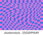 Abstract checkered background with distorted squares. Colorful trippy 1970s 1980s style backdrop