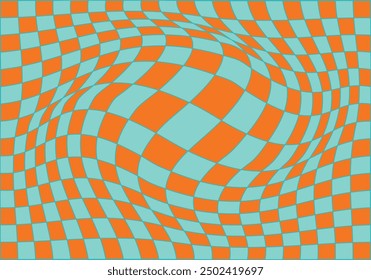 Abstract checkered background with distorted squares. Colorful trippy 1970s 1980s style backdrop