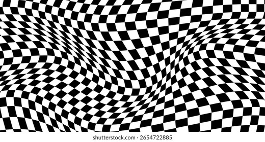 Abstract checkered background with distortion effect. Checkered pattern. surface. Black and white background, distorted chessboard. Abstract banner with distortion. Vector illustration.