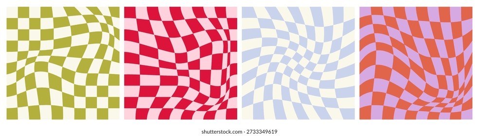 Abstract checkered backgrounds. Groovy warped twisted patterns with optical illusion chessboard grid, retro psychedelic mosaic squares with swirl tiles trendy y2k style. Vector set.