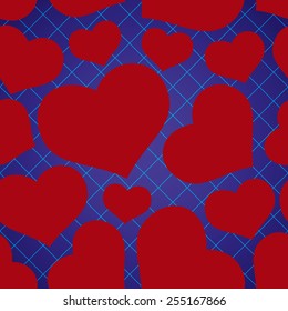 abstract checkered blue seamless pattern with red love heart eps10