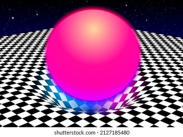 Abstract checkered board background with red ball and gravity effect on the pit or hole on the floor. Vaporwave or synthwave 80s styled illustration.