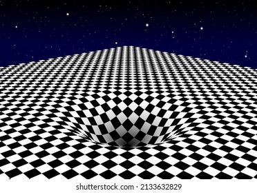 Abstract checkered board background with round pit or hole and corner. Surreal illustration.