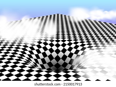 Abstract checkered board background with round pit or hole and corner in vaporwave style with clouds. Surreal illustration.