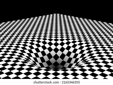 Abstract checkered board background with round pit or hole and corner. Surreal illustration.