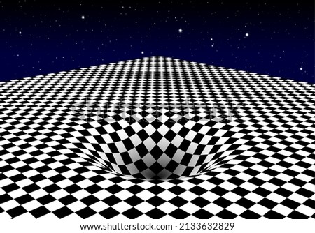 Abstract checkered board background with round pit or hole and corner. Surreal illustration.