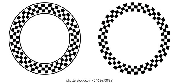 Abstract checkered circle frame vector illustration. Vintage black and white alternating square tiles circular border. Checkerboard round race flag. eps 10