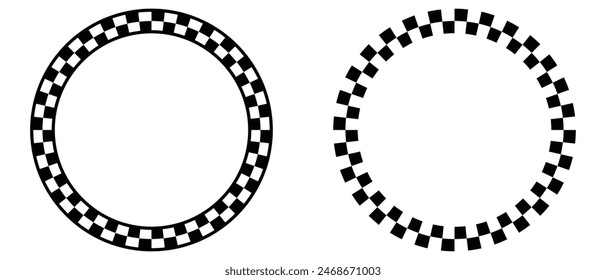 Abstract checkered circle frame vector illustration. Vintage black and white alternating square tiles circular border. Checkerboard round race flag. eps 10