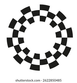 Ilustração vetorial de quadro em círculo quadriculado abstrato. Vintage preto e branco alternando telhas quadradas borda circular. Bandeira de corrida redonda de xadrez.