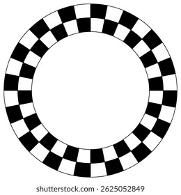 Ilustração vetorial de quadro em círculo quadriculado abstrato. Vintage preto e branco alternando telhas quadradas borda circular. Bandeira de corrida redonda de xadrez.