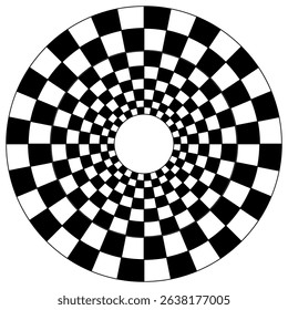 Abstract checkered circle frame vector illustration. Vintage black and white alternating square tiles circular border. Checkerboard round race flag.