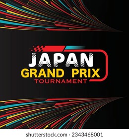 Resumen de fondo de plano a cuadros con degradado blanco y logotipo de pista de carreras de velocidad. Afiche o cartel de la competición del Gran Premio de Japón con diferentes elementos de diseño deportivo