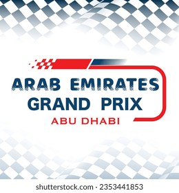 Abstract checkered flad background with white gradient and speed race track logo. Poster or banner for Arab Emirates Grand Prix round competition with different sport design elements