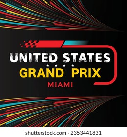 Abstract checkered flag element background with color gradient and speed race track logo. Poster or banner for USA Grand Prix round competition with different sport design elements