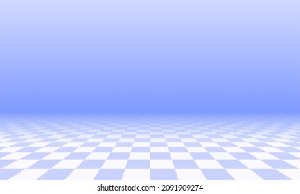 Abstract checkered floor in blue surreal interior. Room with no horizon and tiled floor.