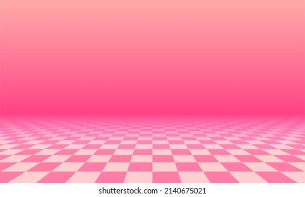 Abstract checkered floor in pink surreal interior. Room with no horizon and tiled floor.