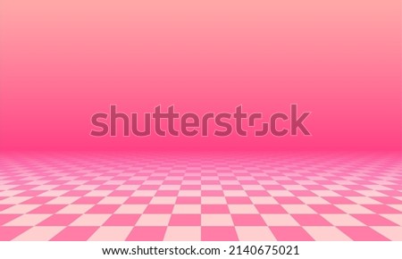 Abstract checkered floor in pink surreal interior. Room with no horizon and tiled floor.