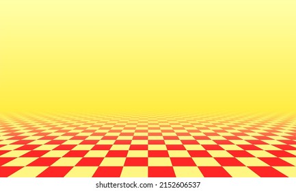 Abstract checkered floor in yellow sunny surreal interior. Room with no horizon and tiled floor.