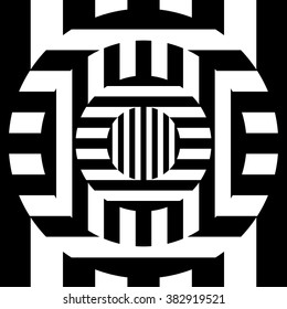 Abstract checkered geometric circle with great contrast. Monochrome graphics.