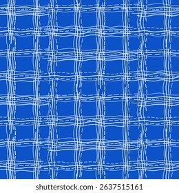 Abstract checkered graphic seamless pattern. White intersecting wavy lines on blue background. Minimalist texture vector background. Geometric criss-cross design element. Tattered piece of old fabric