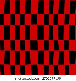 Abstract checkered groovy seamless pattern. Red and black retro wavy vertical rectangle texture, hand drawn striped plaid print. Distorted checkerboard background.