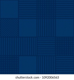 Abstract Checkered Knitted Sweater Pattern. Vector Seamless Background with Shades of Blue Colors. Wool Knit Texture Imitation