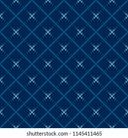 Abstract Checkered Knitted Sweater Pattern. Vector Seamless Background with Shades of Blue Colors. Wool Knit Texture Imitation